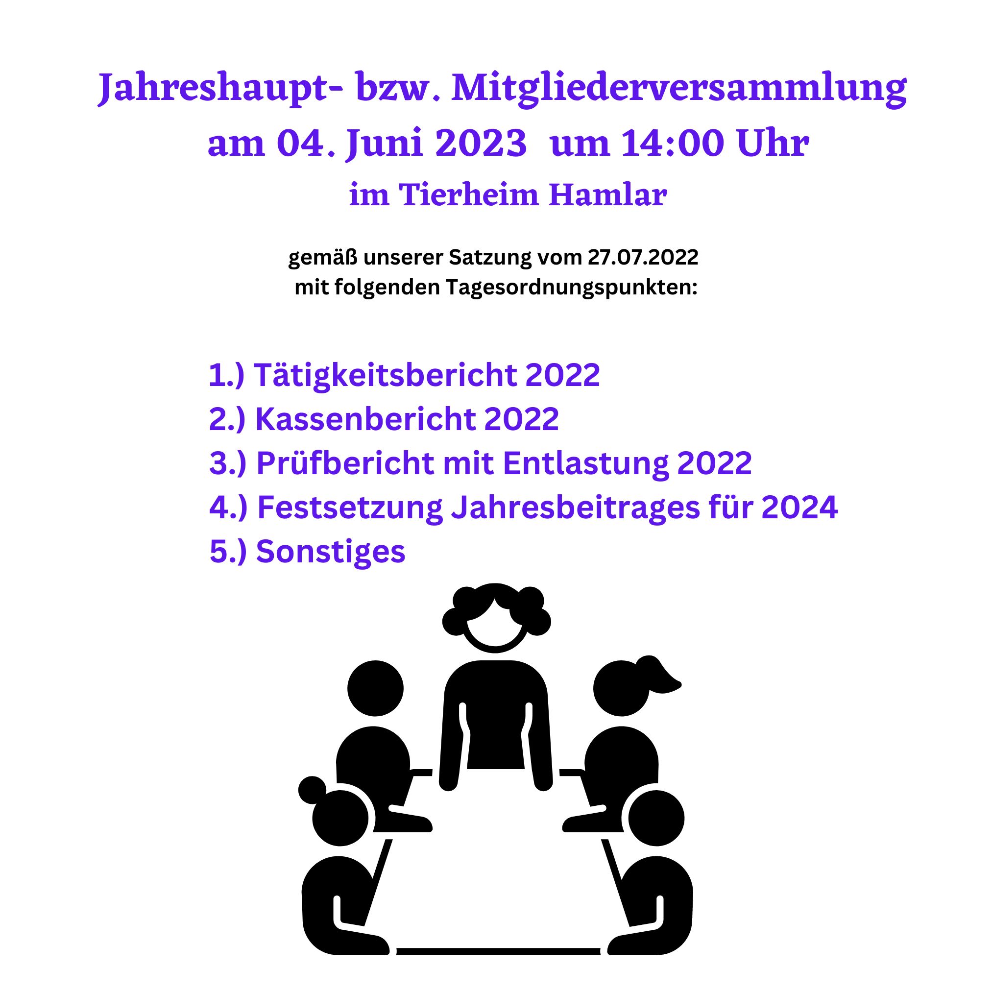 Jahreshauptversammlung am 04. Juni 2023 um 14.00 Uhr im Tierheim Hamlar