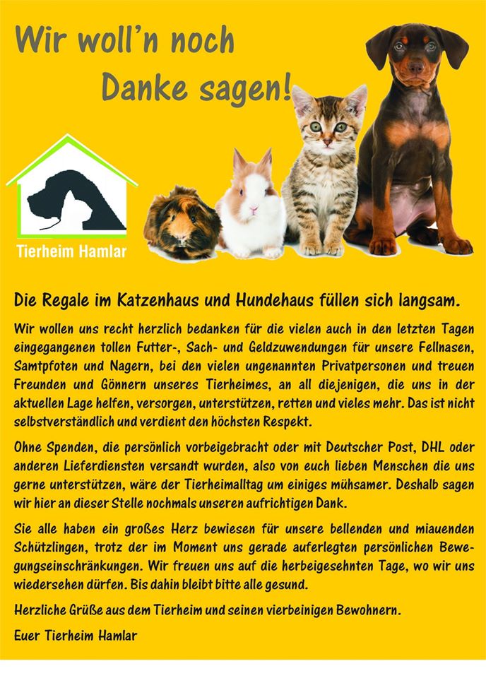 Wir wollen noch Danke sagen. Die Regale im Katzen- und Hundhaus füllen sich langsam.