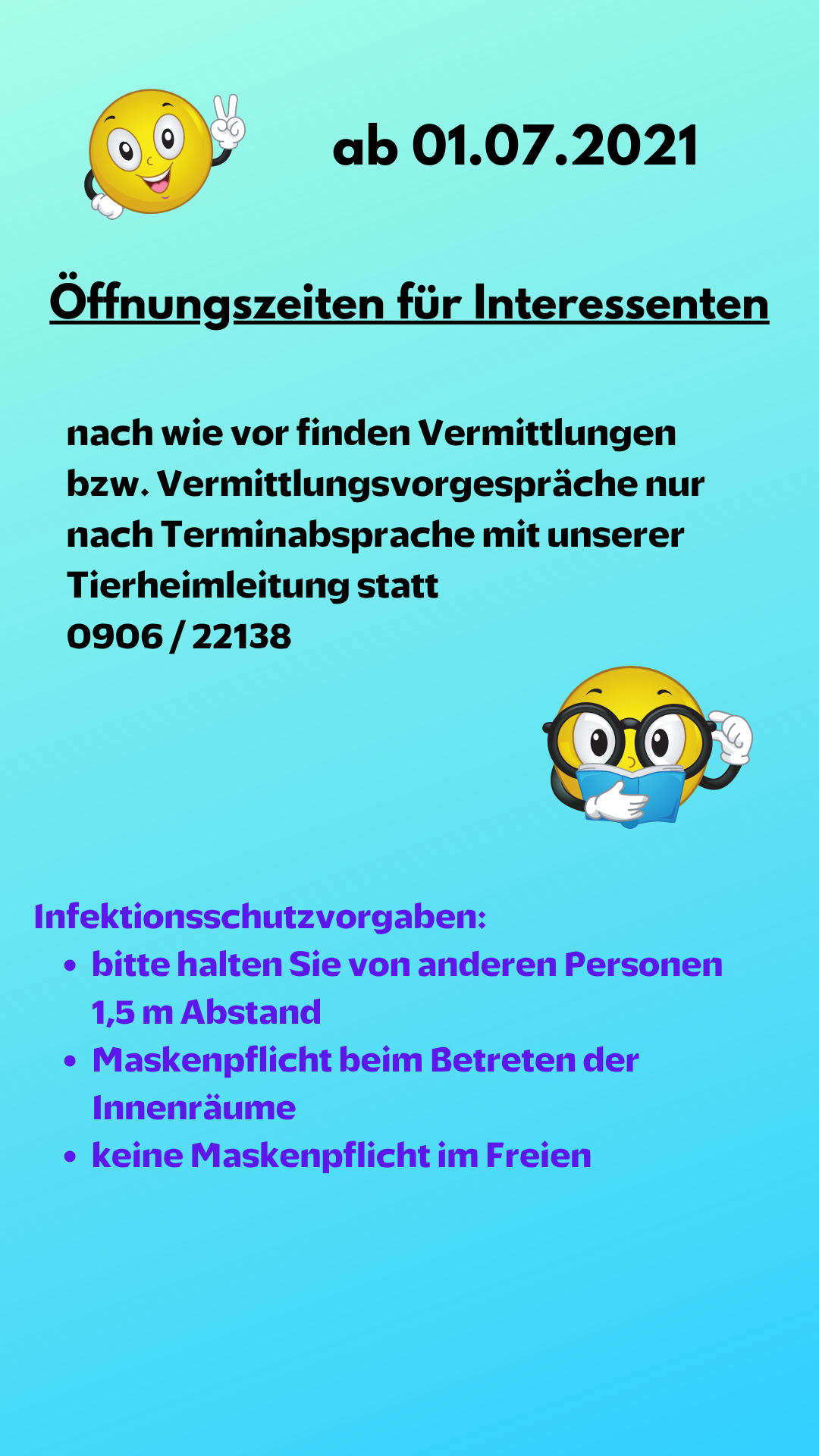 Öffnungszeiten für Vermittlungen des Tierheims Hamlar ab 01.07.2021