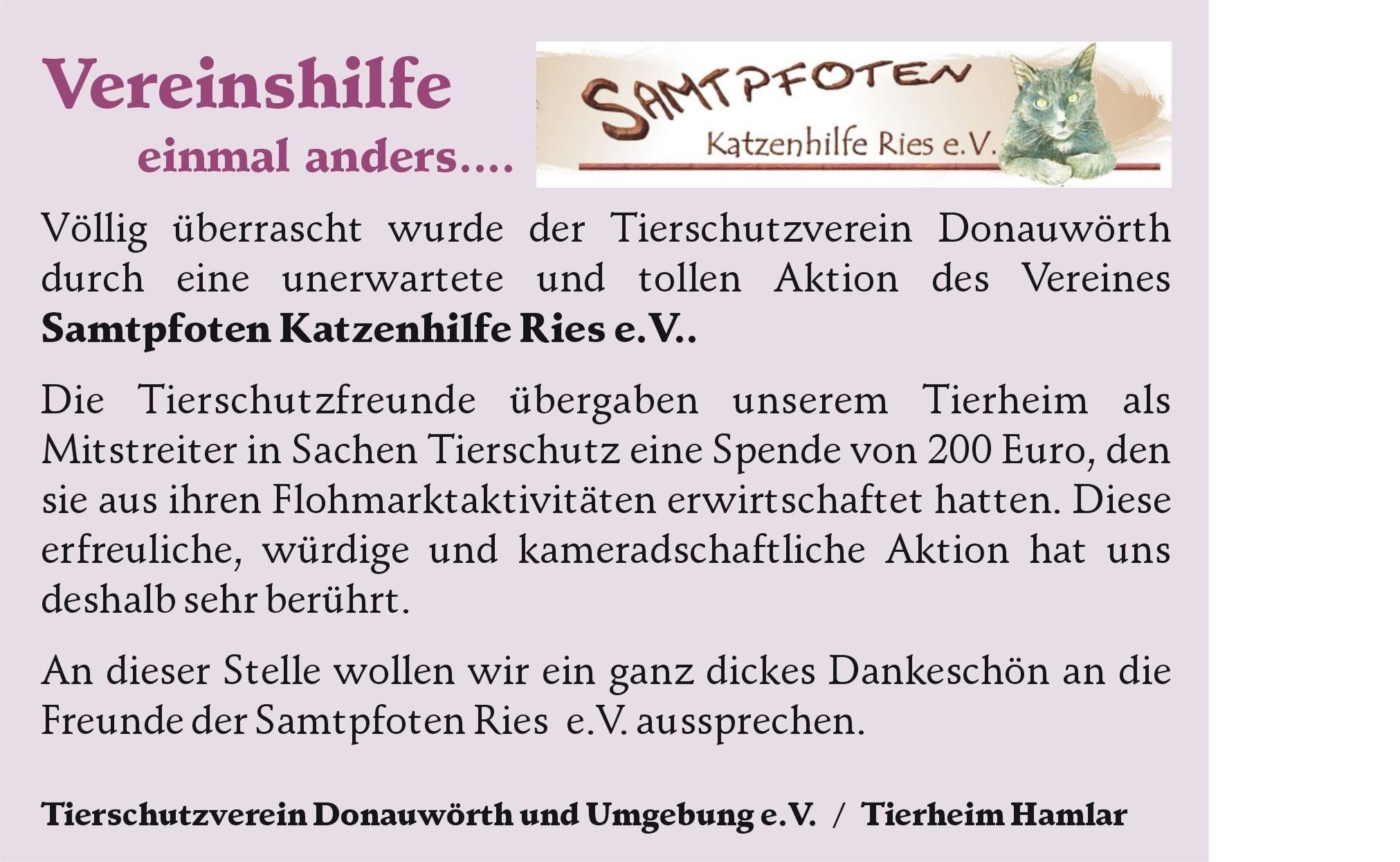 Spende Samtpfoten Katzenhilfe Ries e. V.